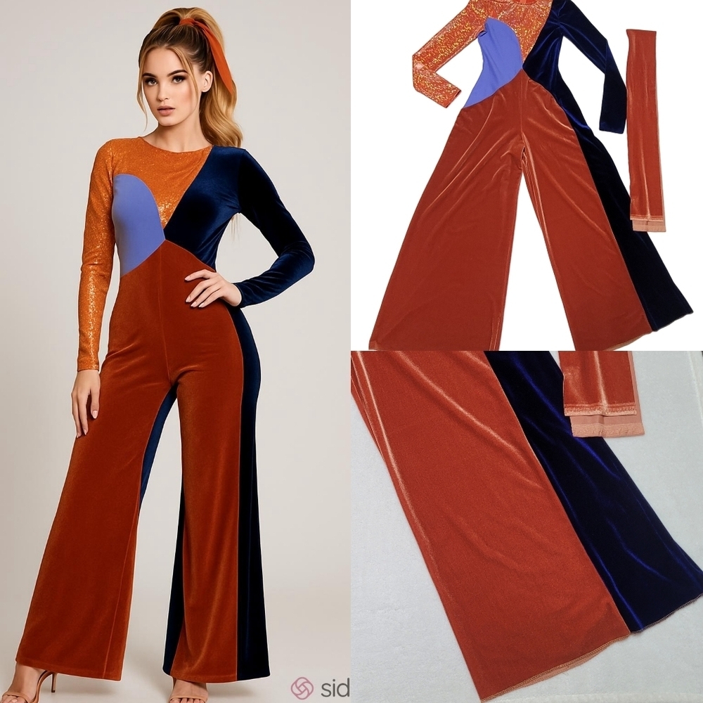 Clio 70s Vintage Patchwork Blue Burnt Orange Velvet Metallic Wide Leg Jumpsuit